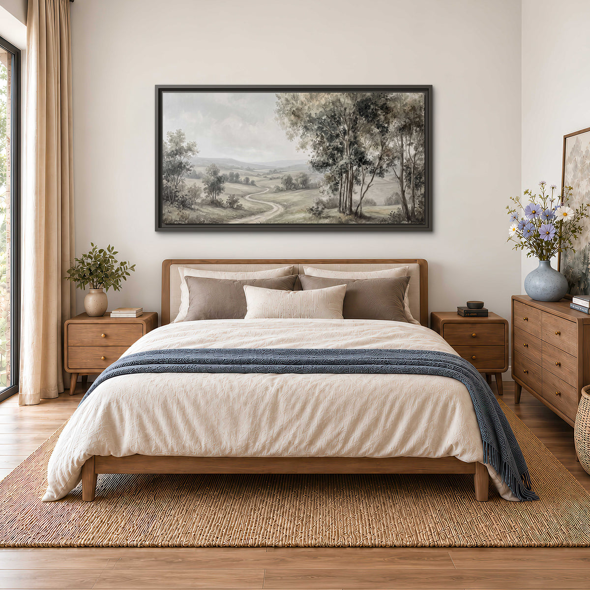 A quiet winding road through gray-green rolling hills single framed canvas wall art styled in an interior