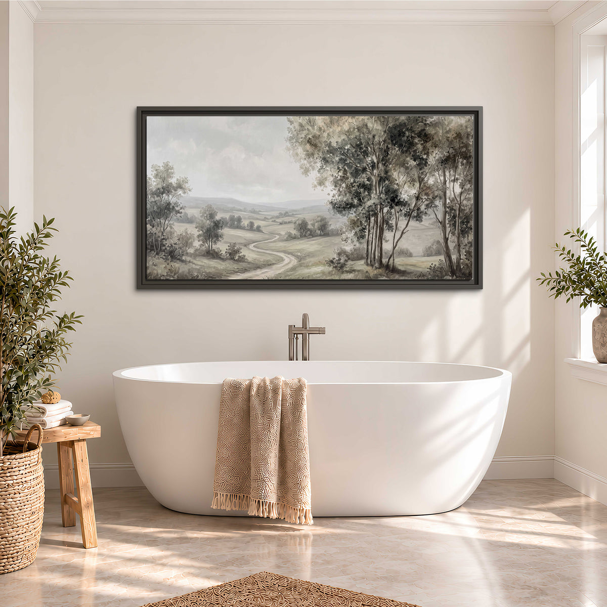 A quiet winding road through gray-green rolling hills single framed canvas wall art styled in an interior