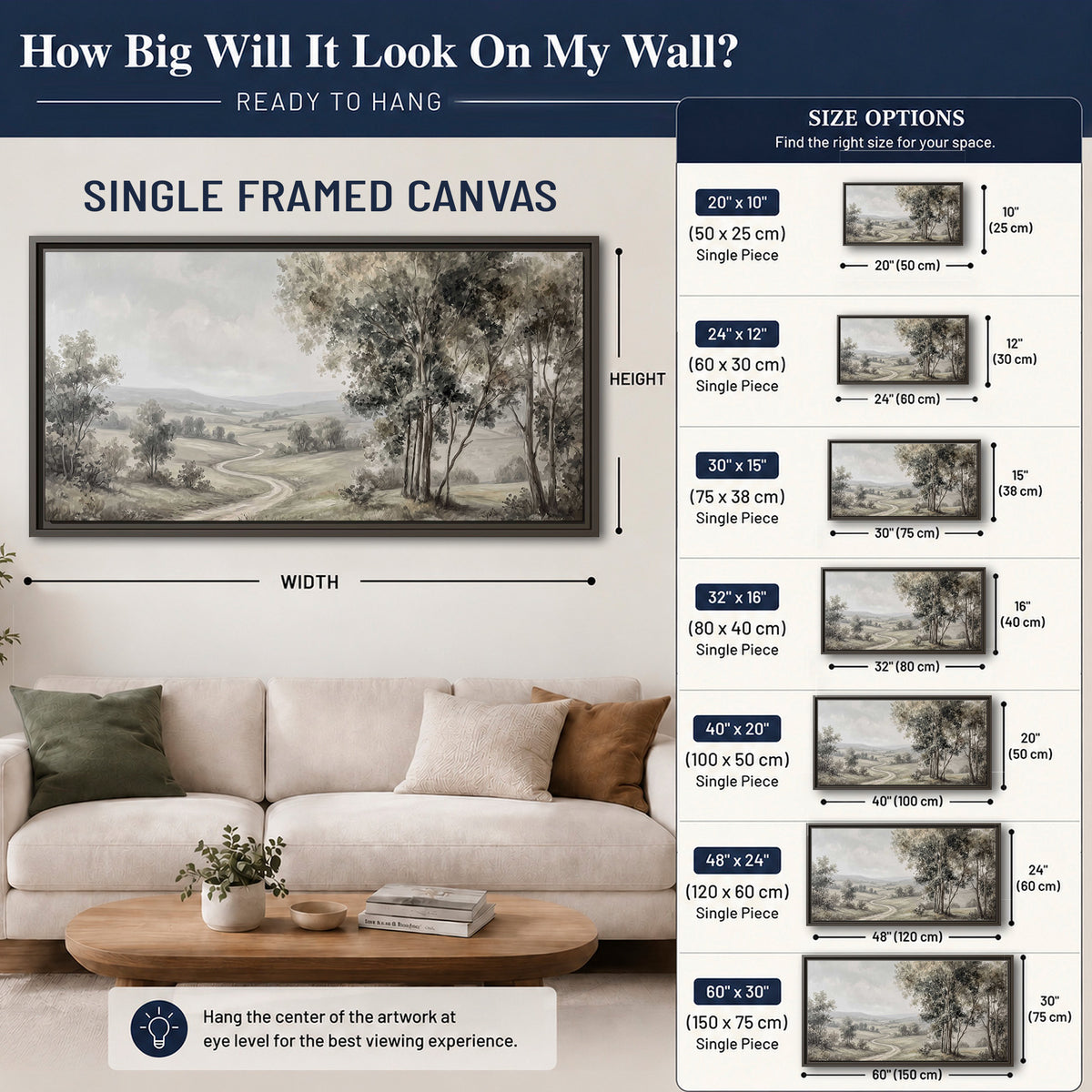 A quiet winding road through gray-green rolling hills single framed canvas wall art size guide above a sofa; room view is illustrative