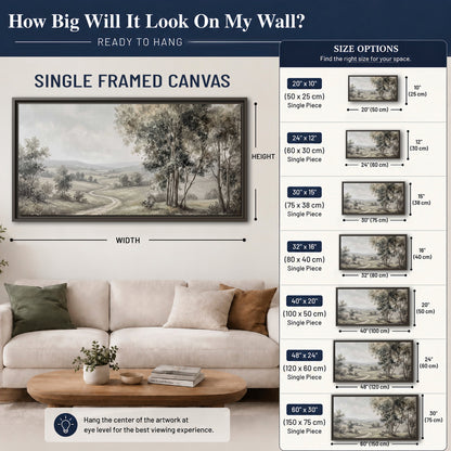 A quiet winding road through gray-green rolling hills single framed canvas wall art size guide above a sofa; room view is illustrative