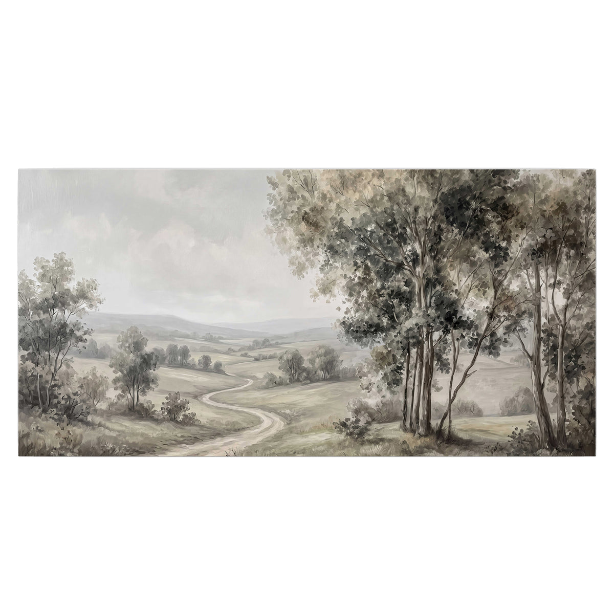 A quiet winding road through gray-green rolling hills single poster print viewed straight on