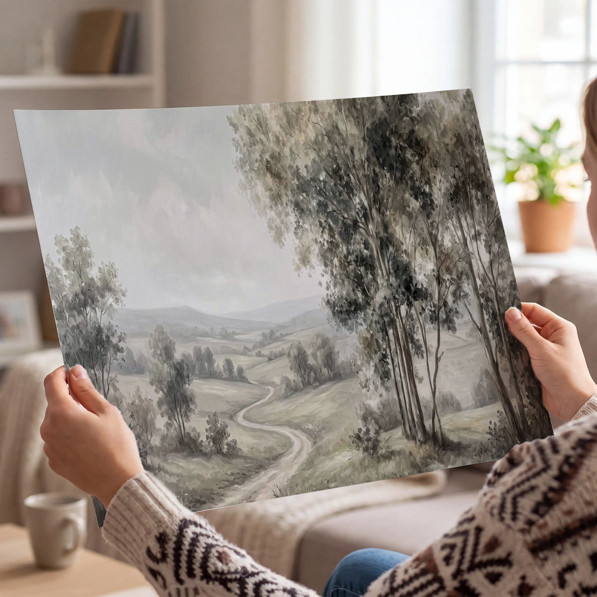 A quiet winding road through gray-green rolling hills single poster print held in hands