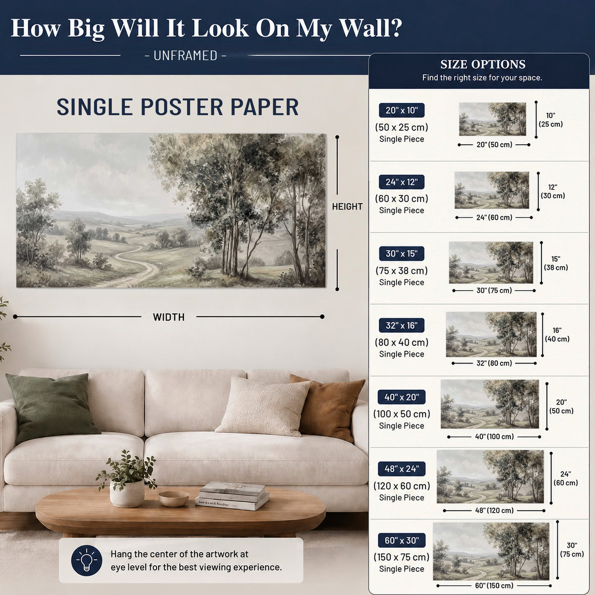 A quiet winding road through gray-green rolling hills single poster print size guide above a sofa; room view is illustrative