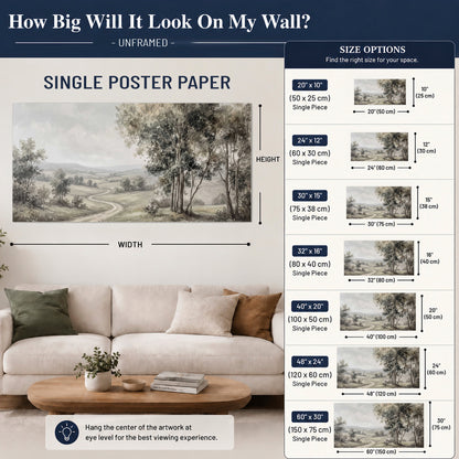 A quiet winding road through gray-green rolling hills single poster print size guide above a sofa; room view is illustrative
