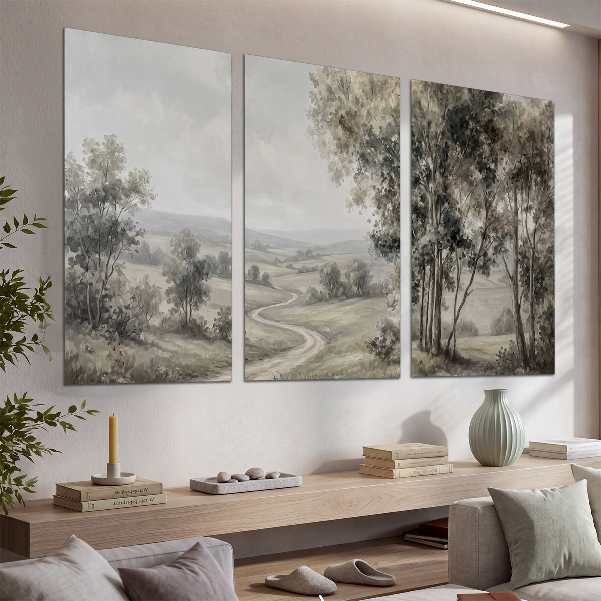 A quiet winding road through gray-green rolling hills set of 3 poster prints displayed in a console