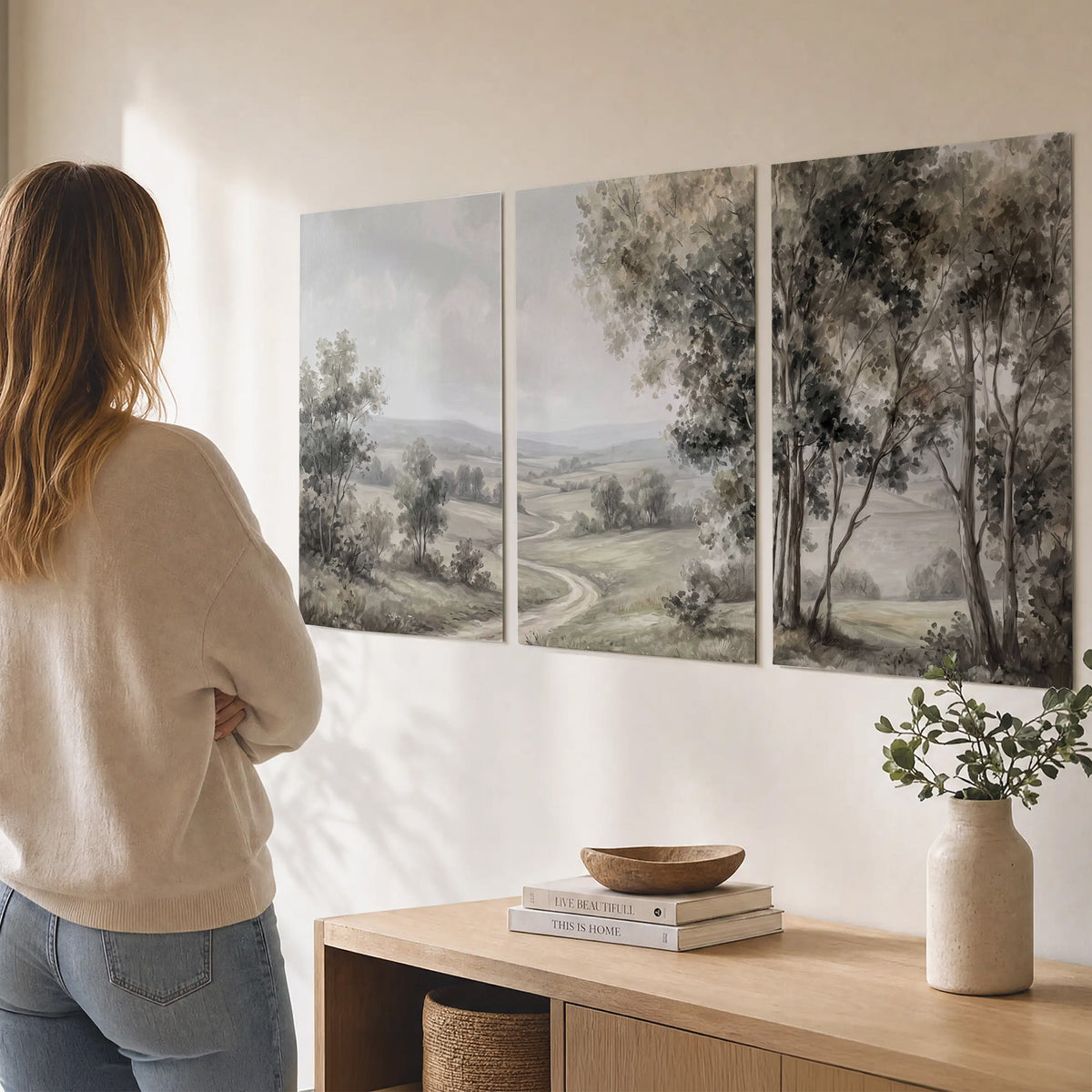 A quiet winding road through gray-green rolling hills set of 3 poster prints three panel arrangement on a wall