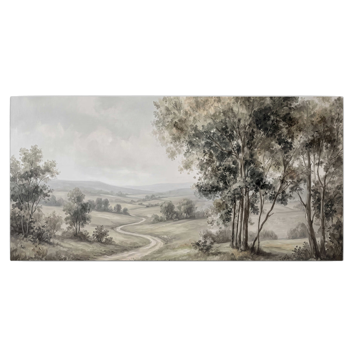 A quiet winding road through gray-green rolling hills single canvas wall art viewed straight on