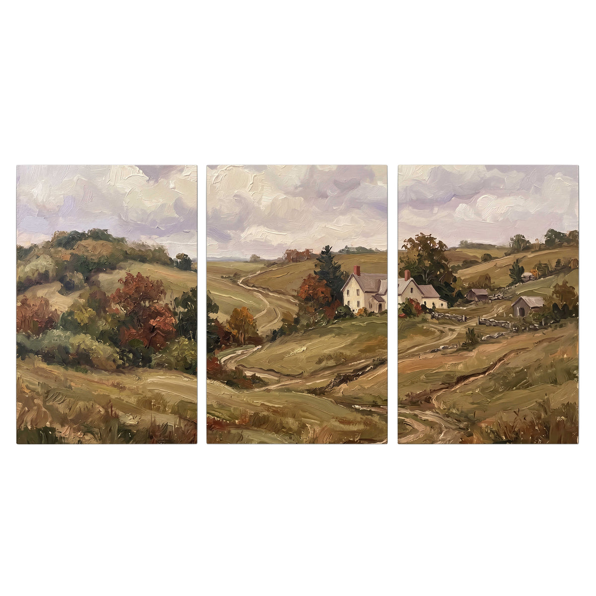 Warm rolling fields and countryside cottages beneath soft clouds 3 piece canvas wall art viewed straight on