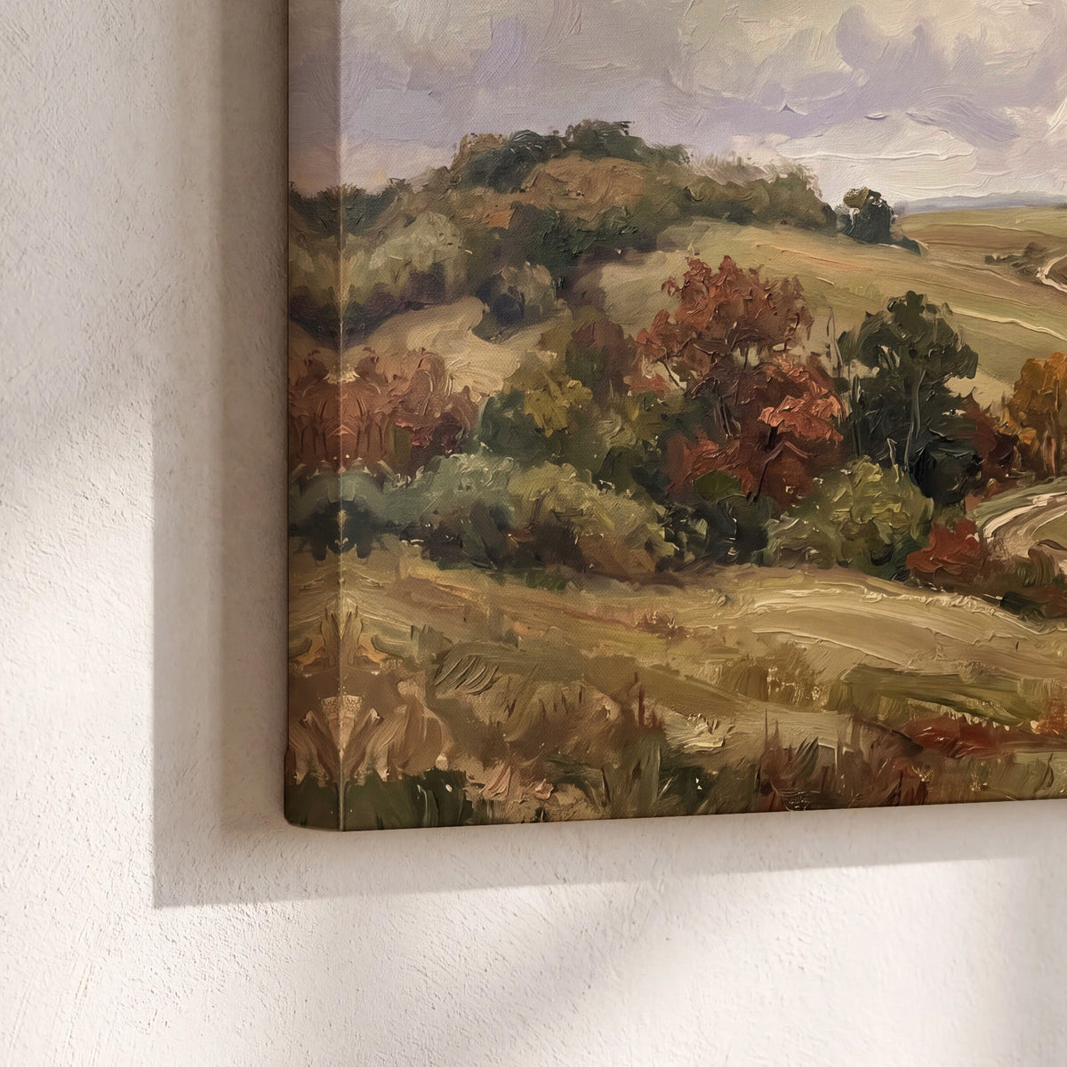 Warm rolling fields and countryside cottages beneath soft clouds 3 piece canvas wall art material and edge close up
