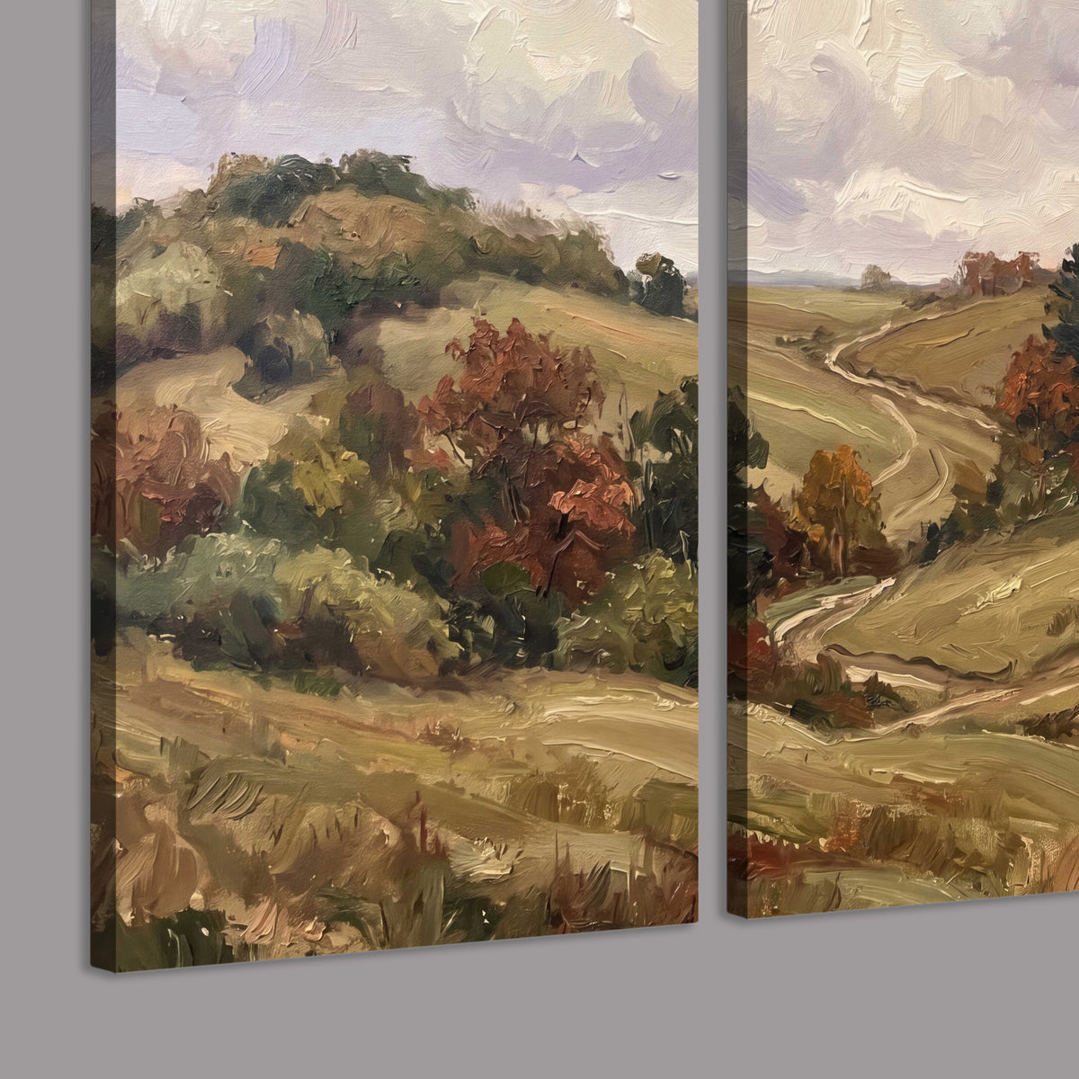 Warm rolling fields and countryside cottages beneath soft clouds 3 piece canvas wall art room and product view