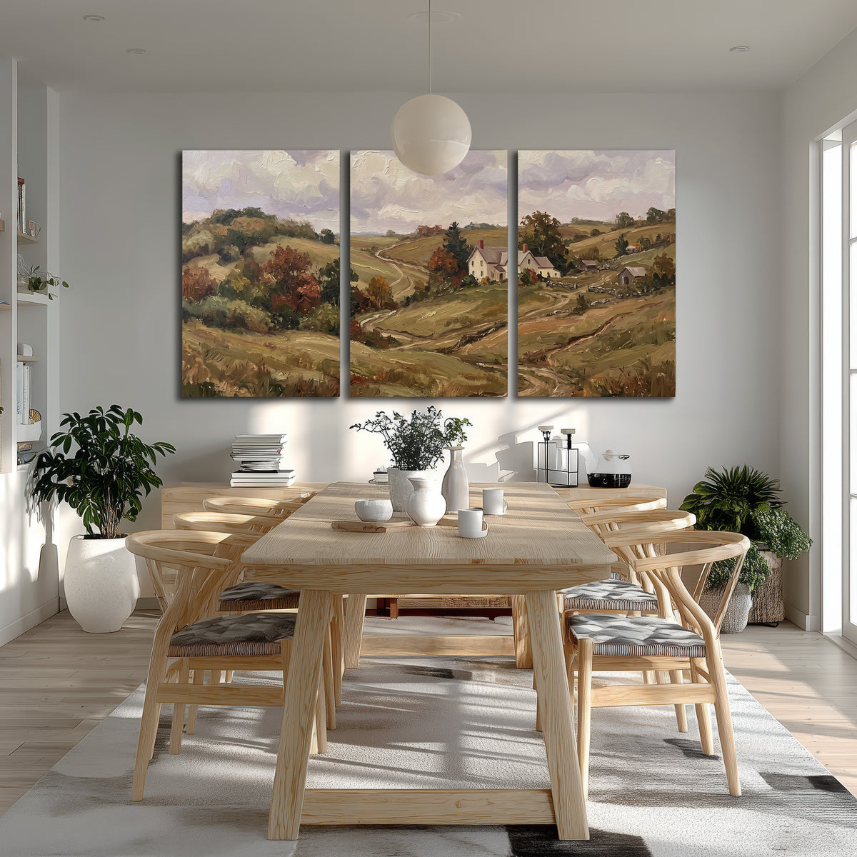 Warm rolling fields and countryside cottages beneath soft clouds 3 piece canvas wall art room and product view