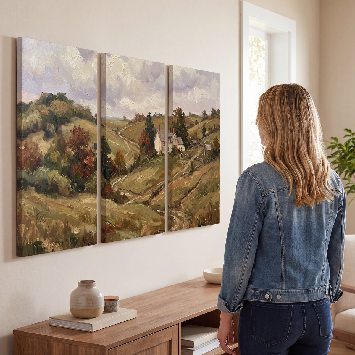 Warm rolling fields and countryside cottages beneath soft clouds 3 piece canvas wall art three panel arrangement on a wall