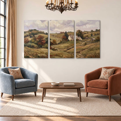 Warm rolling fields and countryside cottages beneath soft clouds 3 piece canvas wall art styled in an interior