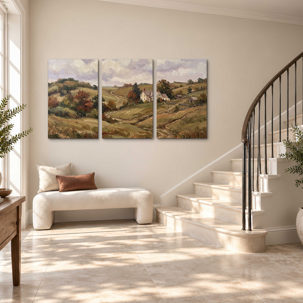 Warm rolling fields and countryside cottages beneath soft clouds 3 piece canvas wall art styled in an interior