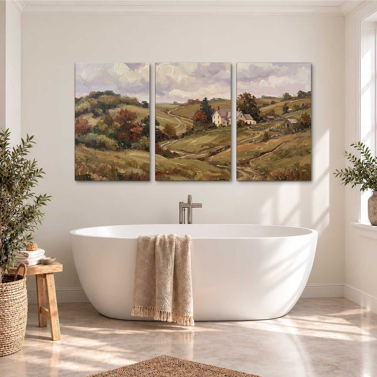 Warm rolling fields and countryside cottages beneath soft clouds 3 piece canvas wall art styled in an interior