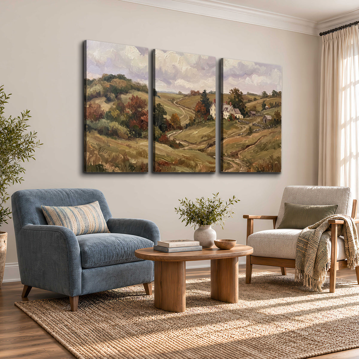Warm rolling fields and countryside cottages beneath soft clouds 3 piece canvas wall art styled in an interior