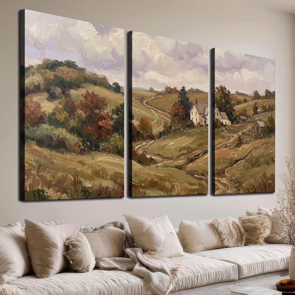 Warm rolling fields and countryside cottages beneath soft clouds 3 piece canvas wall art room and product view