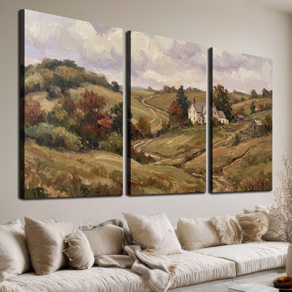 Warm rolling fields and countryside cottages beneath soft clouds 3 piece canvas wall art room and product view