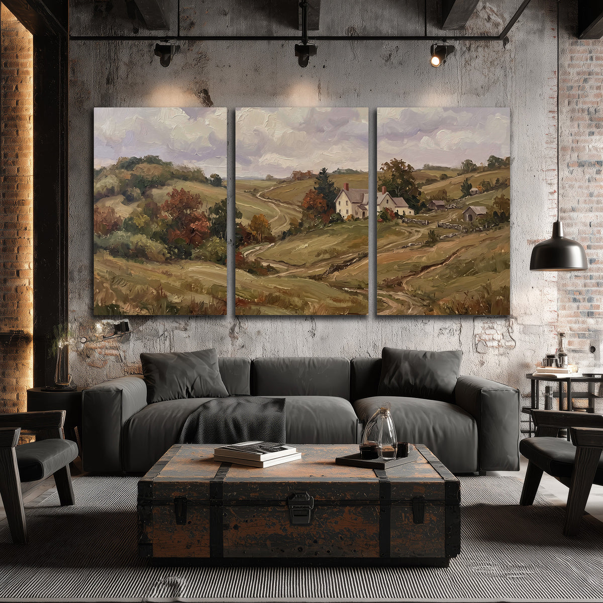 Warm rolling fields and countryside cottages beneath soft clouds 3 piece canvas wall art displayed in a industrial room