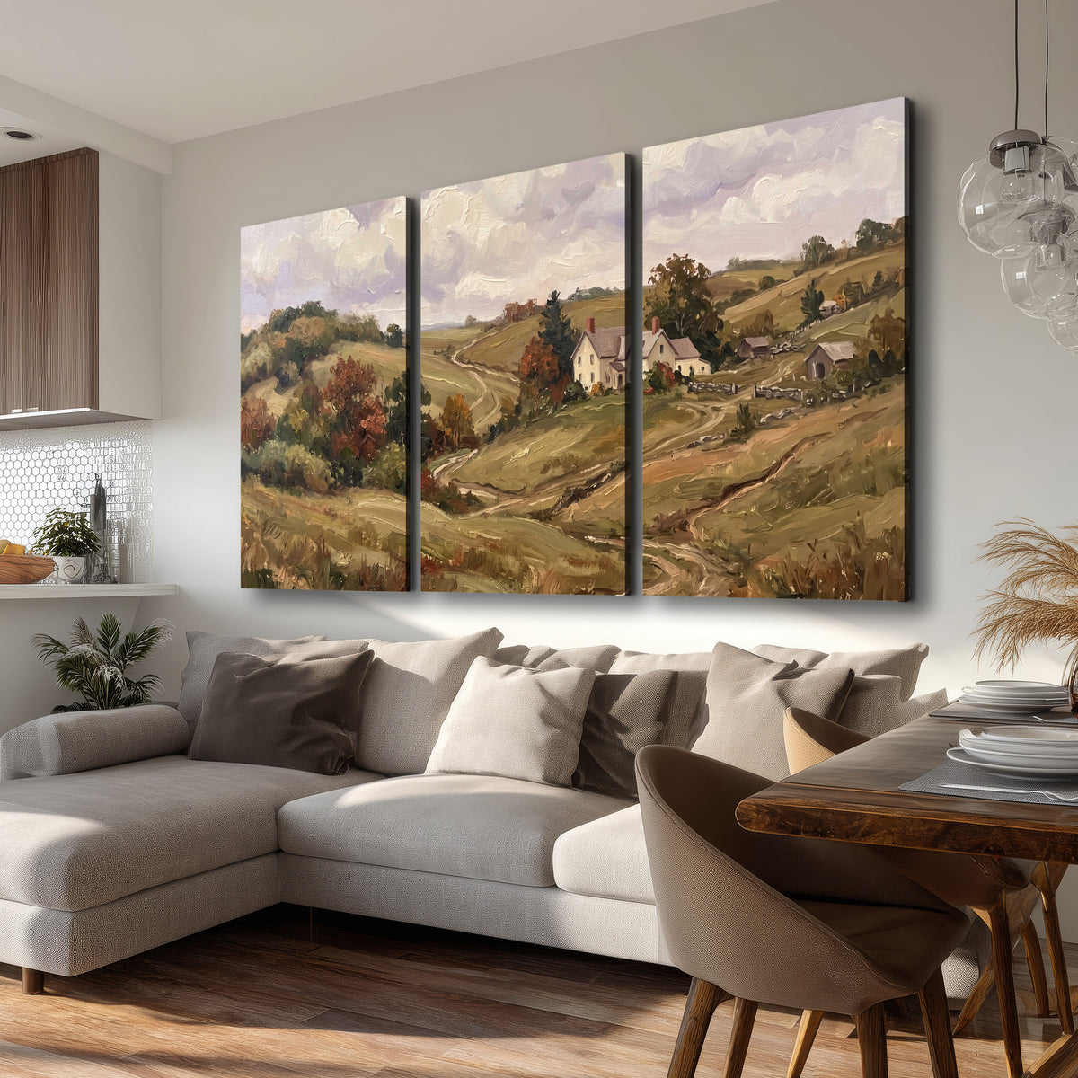 Warm rolling fields and countryside cottages beneath soft clouds 3 piece canvas wall art room and product view