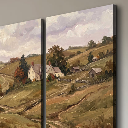 Warm rolling fields and countryside cottages beneath soft clouds 3 piece canvas wall art room and product view