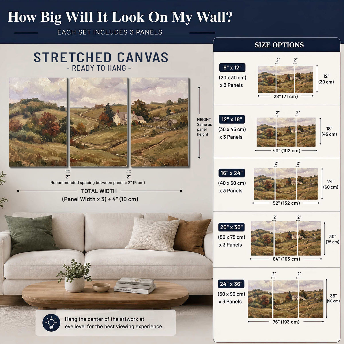 Warm rolling fields and countryside cottages beneath soft clouds 3 piece canvas wall art size guide above a sofa; room view is illustrative