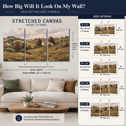 Warm rolling fields and countryside cottages beneath soft clouds 3 piece canvas wall art size guide above a sofa; room view is illustrative