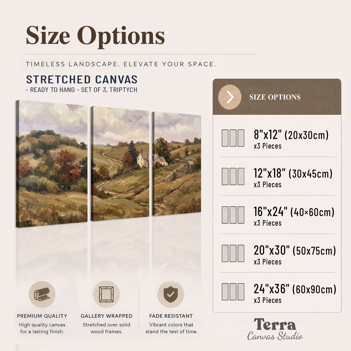 Warm rolling fields and countryside cottages beneath soft clouds 3 piece canvas wall art available dimensions; triptych dimensions are per panel