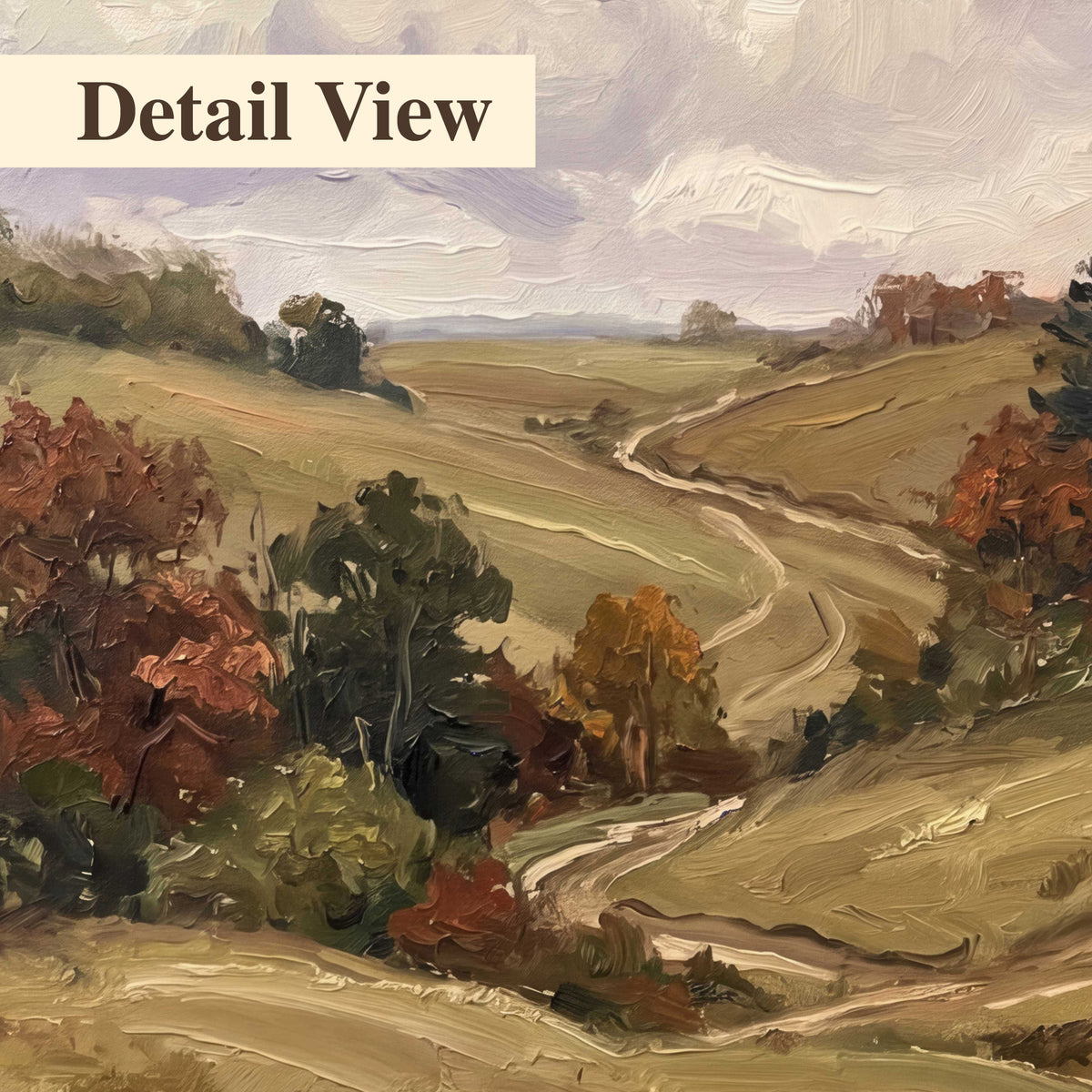 Warm rolling fields and countryside cottages beneath soft clouds 3 piece canvas wall art artwork detail close up