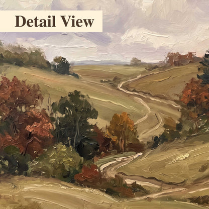 Warm rolling fields and countryside cottages beneath soft clouds 3 piece canvas wall art artwork detail close up
