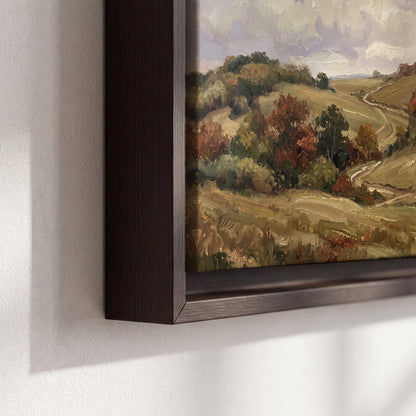 Warm rolling fields and countryside cottages beneath soft clouds 3 piece framed canvas wall art material and edge close up
