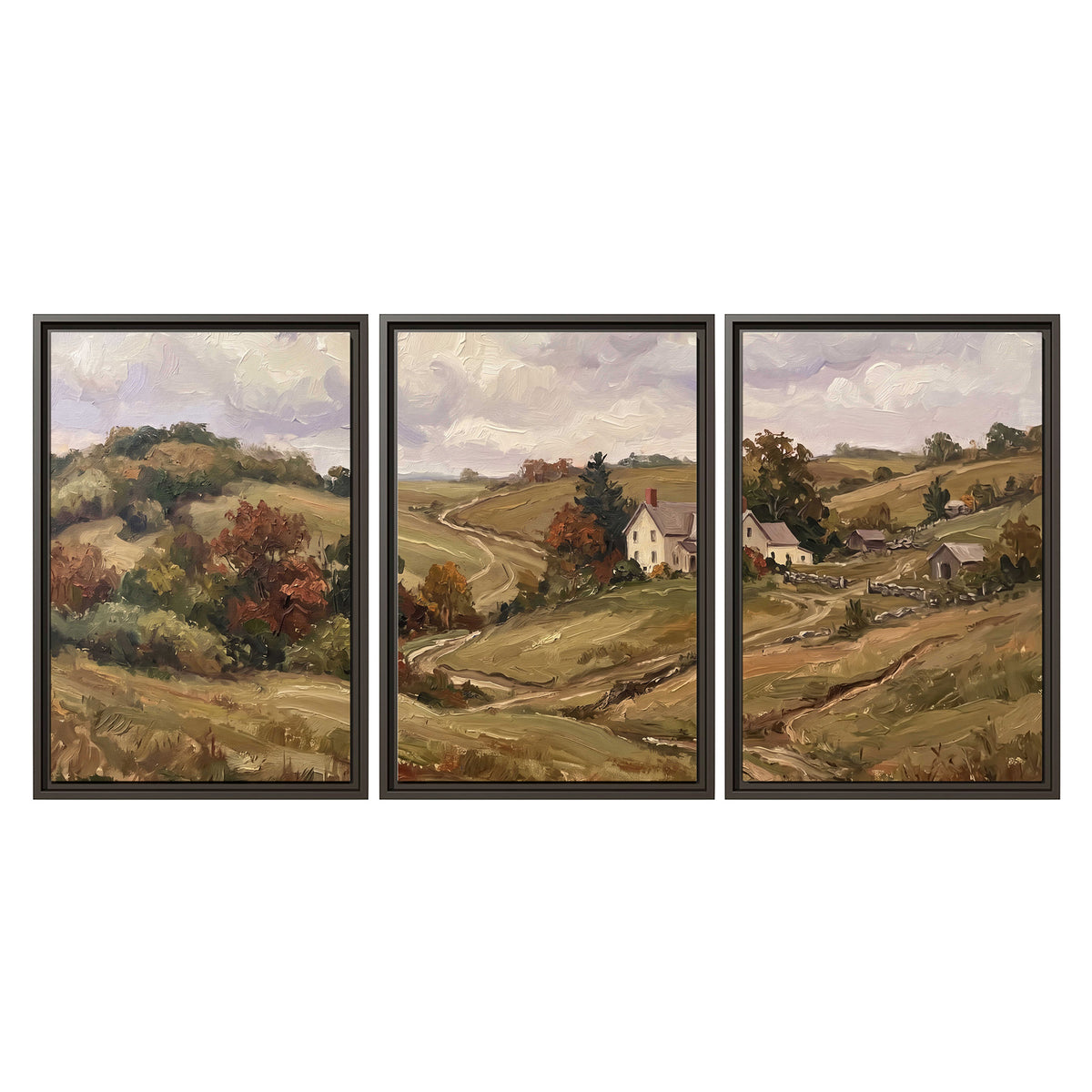 Warm rolling fields and countryside cottages beneath soft clouds 3 piece framed canvas wall art viewed straight on