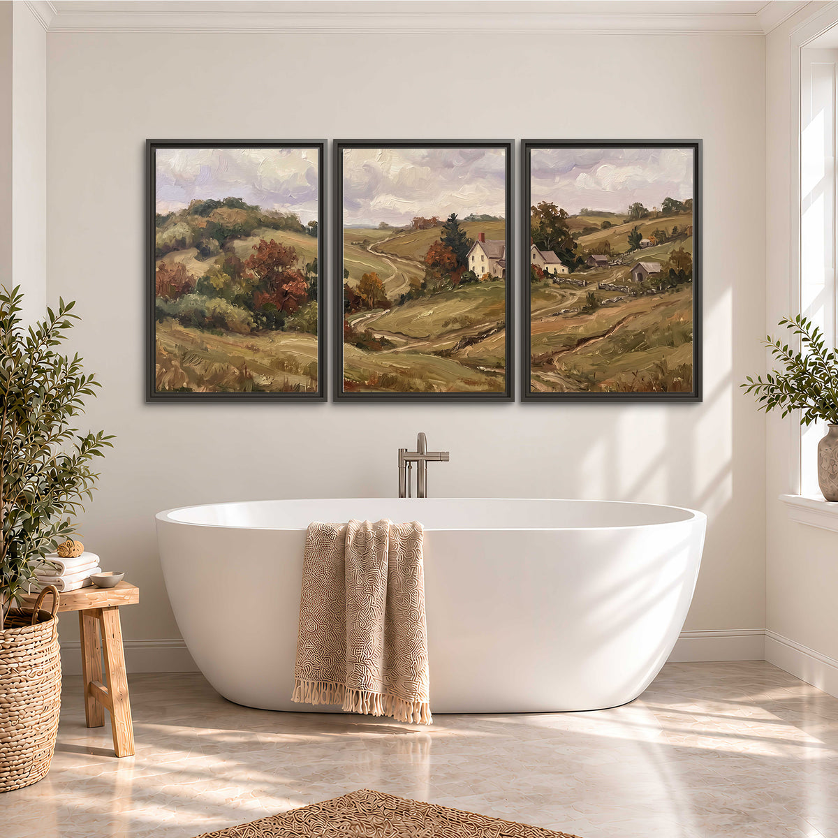 Warm rolling fields and countryside cottages beneath soft clouds 3 piece framed canvas wall art styled in an interior