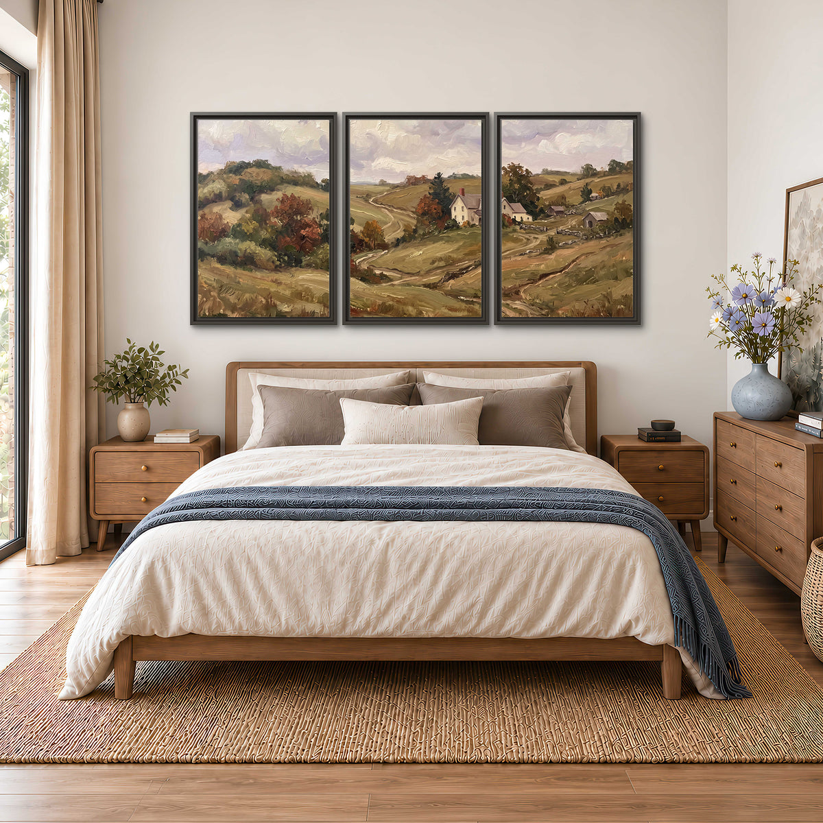 Warm rolling fields and countryside cottages beneath soft clouds 3 piece framed canvas wall art styled in an interior
