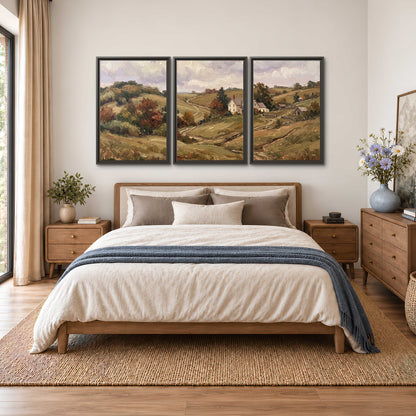 Warm rolling fields and countryside cottages beneath soft clouds 3 piece framed canvas wall art styled in an interior