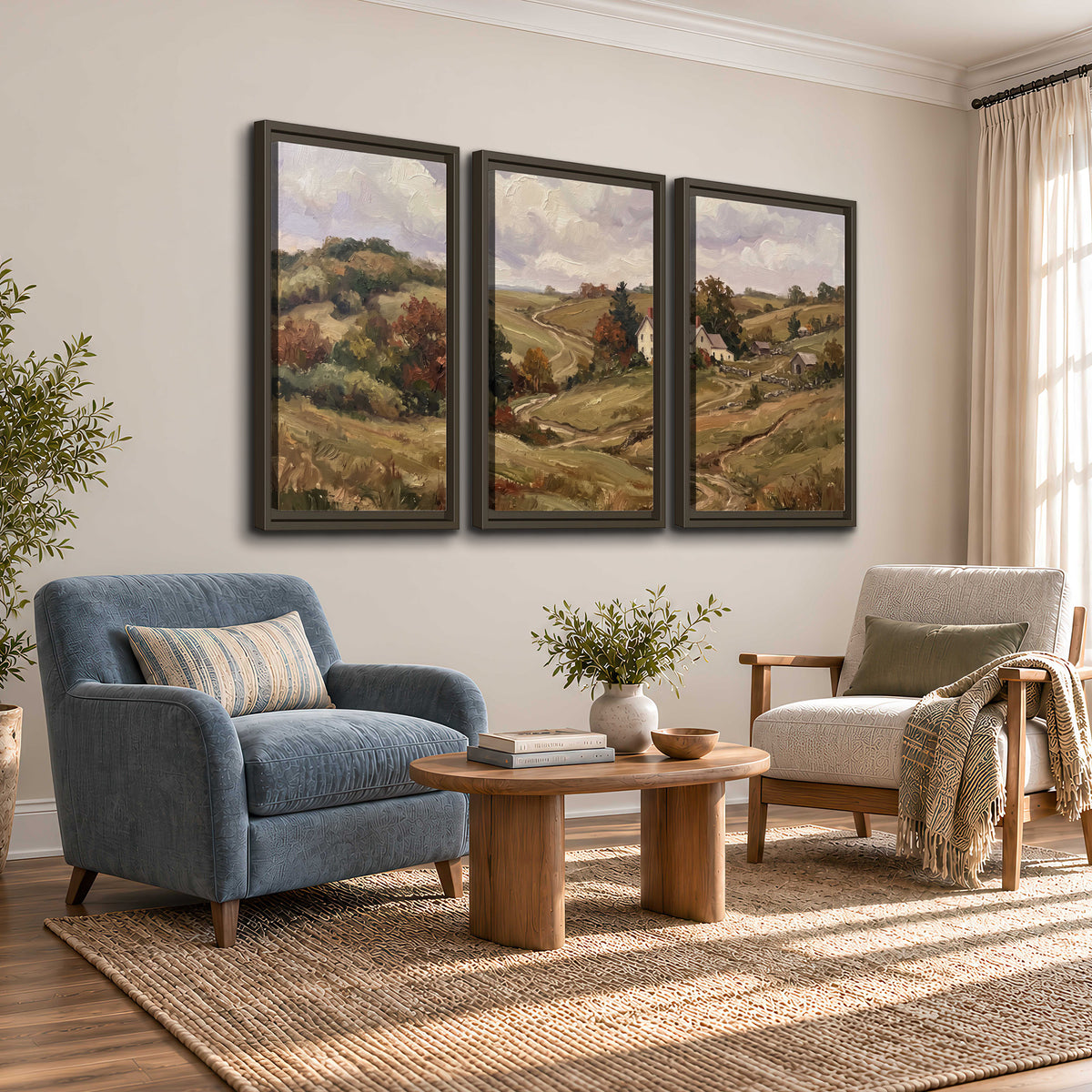 Warm rolling fields and countryside cottages beneath soft clouds 3 piece framed canvas wall art styled in an interior