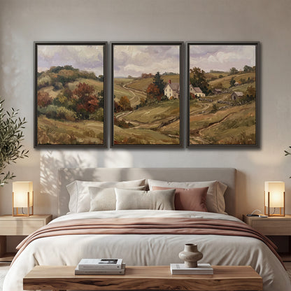 Warm rolling fields and countryside cottages beneath soft clouds 3 piece framed canvas wall art displayed in a bedroom