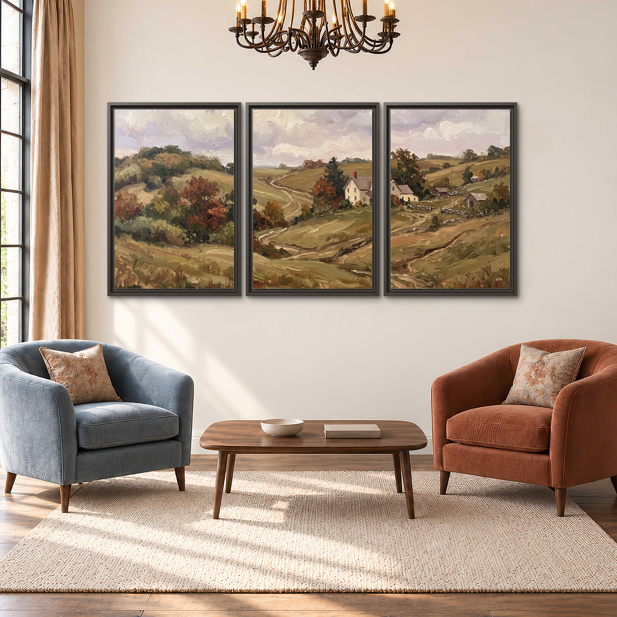 Warm rolling fields and countryside cottages beneath soft clouds 3 piece framed canvas wall art styled in an interior