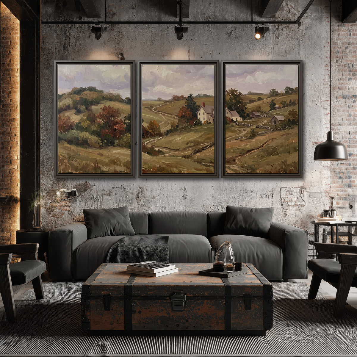 Warm rolling fields and countryside cottages beneath soft clouds 3 piece framed canvas wall art displayed in a industrial room