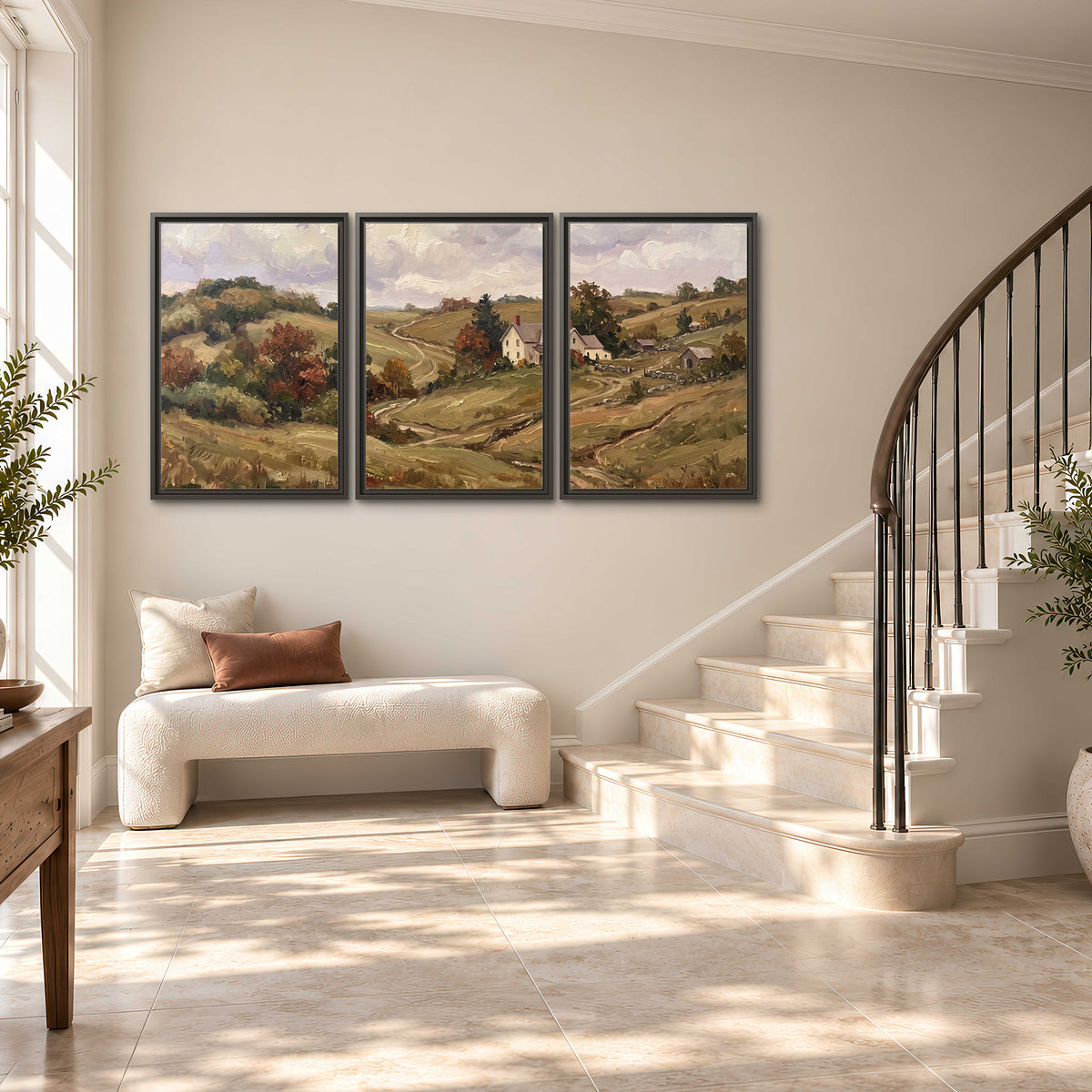 Warm rolling fields and countryside cottages beneath soft clouds 3 piece framed canvas wall art styled in an interior
