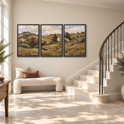 Warm rolling fields and countryside cottages beneath soft clouds 3 piece framed canvas wall art styled in an interior