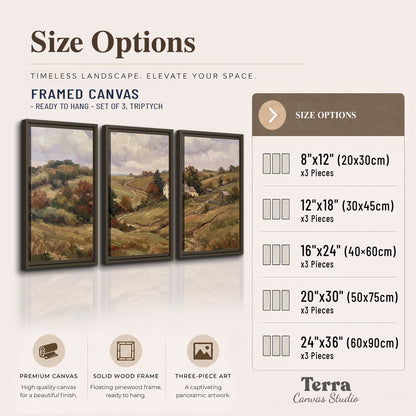 Warm rolling fields and countryside cottages beneath soft clouds 3 piece framed canvas wall art available dimensions; triptych dimensions are per panel
