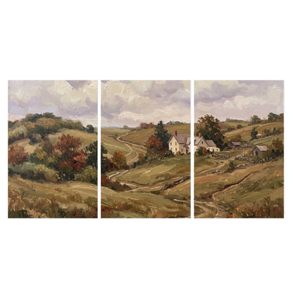 Warm rolling fields and countryside cottages beneath soft clouds set of 3 poster prints viewed straight on