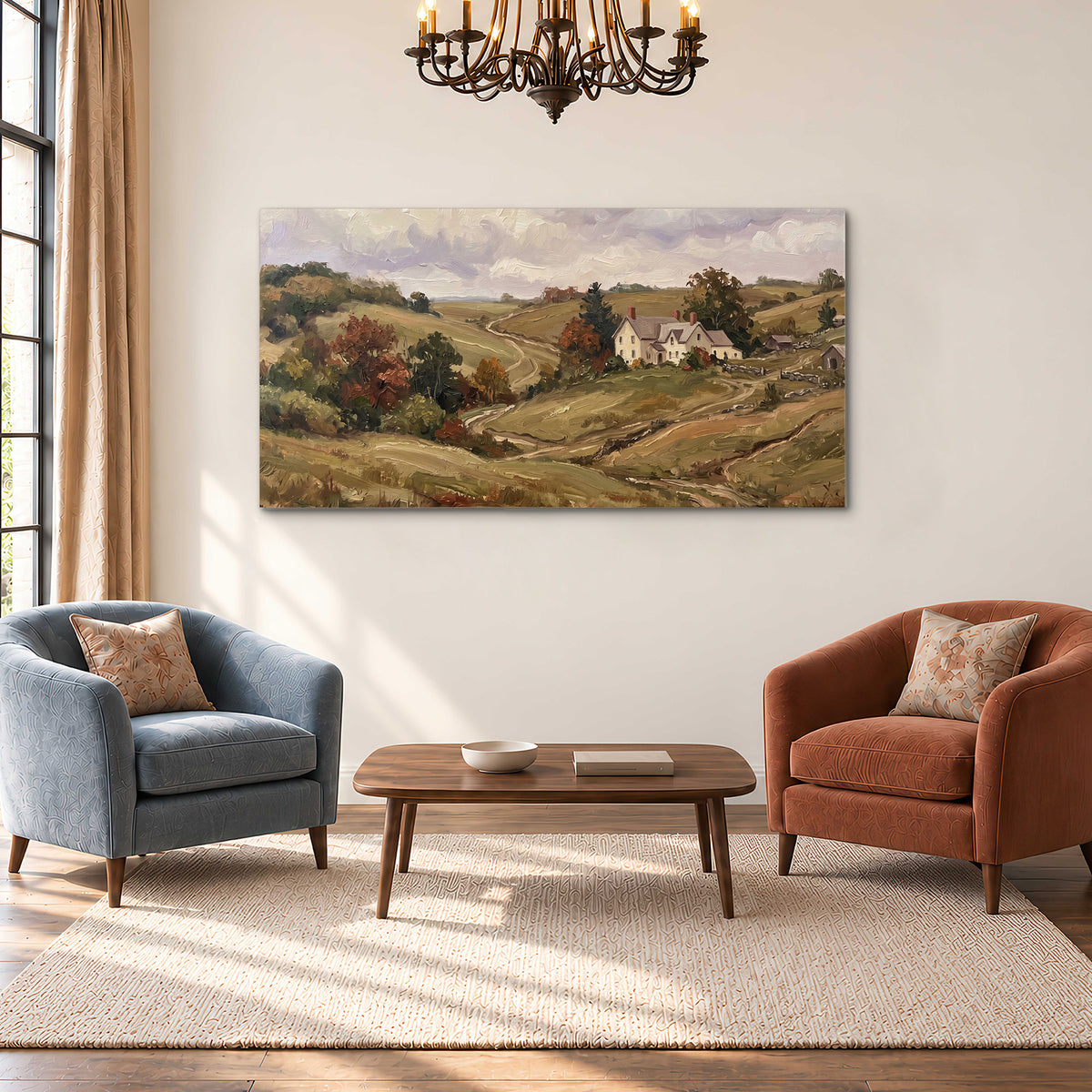 Warm rolling fields and countryside cottages beneath soft clouds single canvas wall art styled in an interior