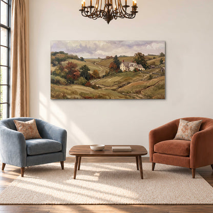 Warm rolling fields and countryside cottages beneath soft clouds single canvas wall art styled in an interior