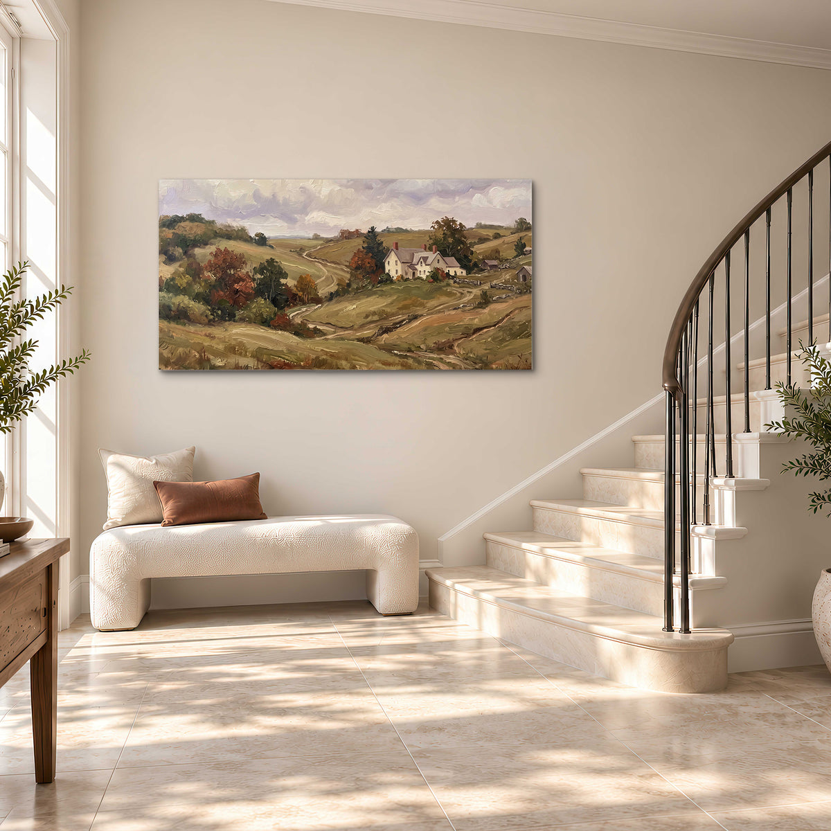 Warm rolling fields and countryside cottages beneath soft clouds single canvas wall art styled in an interior
