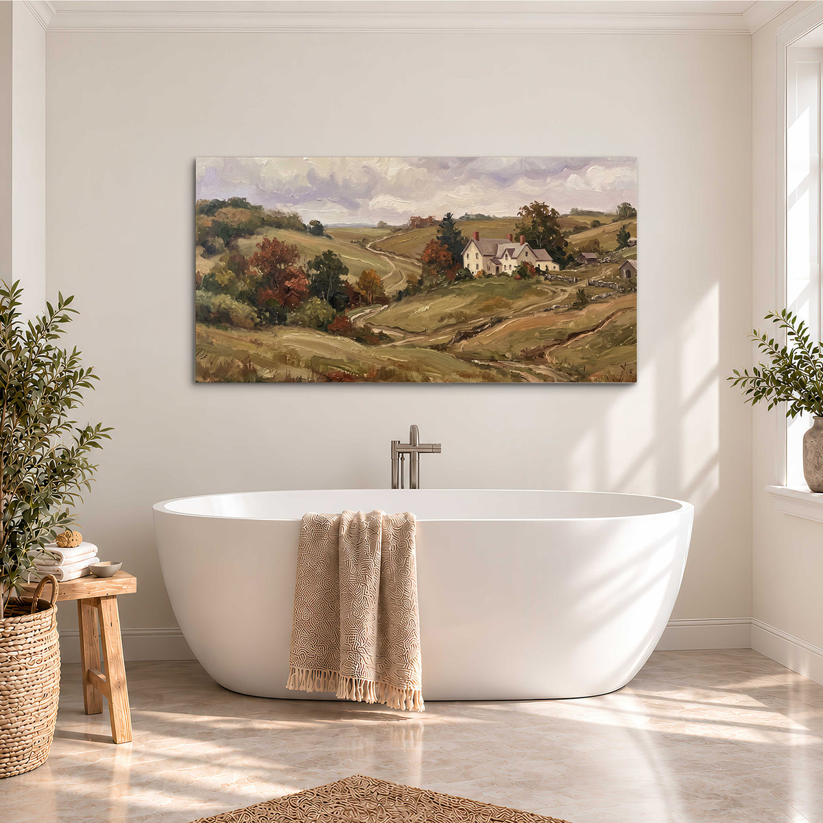 Warm rolling fields and countryside cottages beneath soft clouds single canvas wall art styled in an interior
