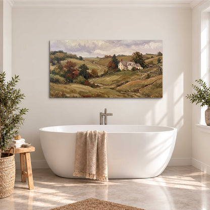 Warm rolling fields and countryside cottages beneath soft clouds single canvas wall art styled in an interior