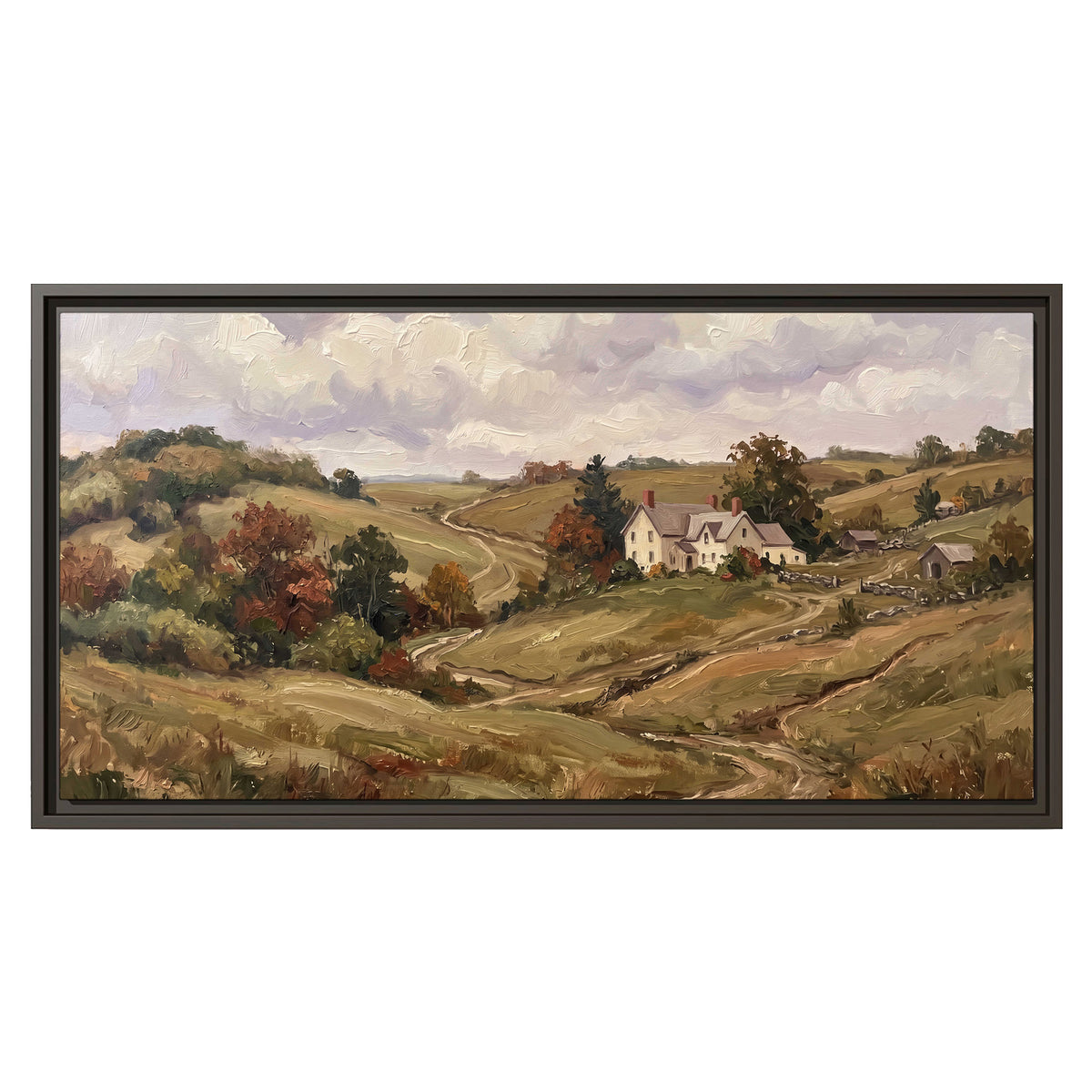 Warm rolling fields and countryside cottages beneath soft clouds single framed canvas wall art viewed straight on