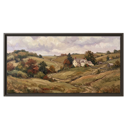 Warm rolling fields and countryside cottages beneath soft clouds single framed canvas wall art viewed straight on